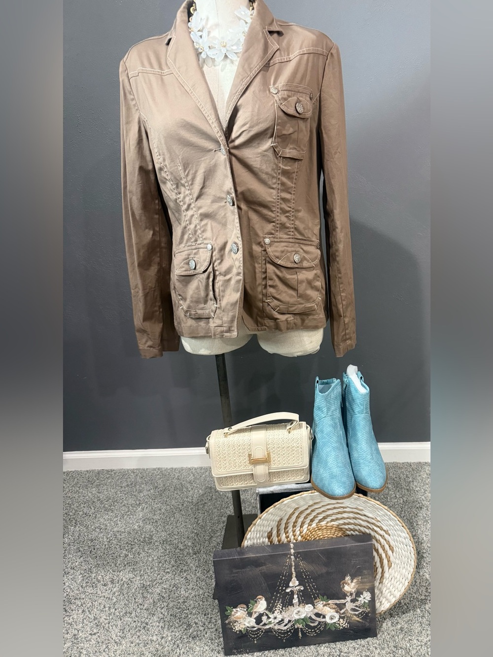 Women's Taupe Casual Button-Front Utility Blazer